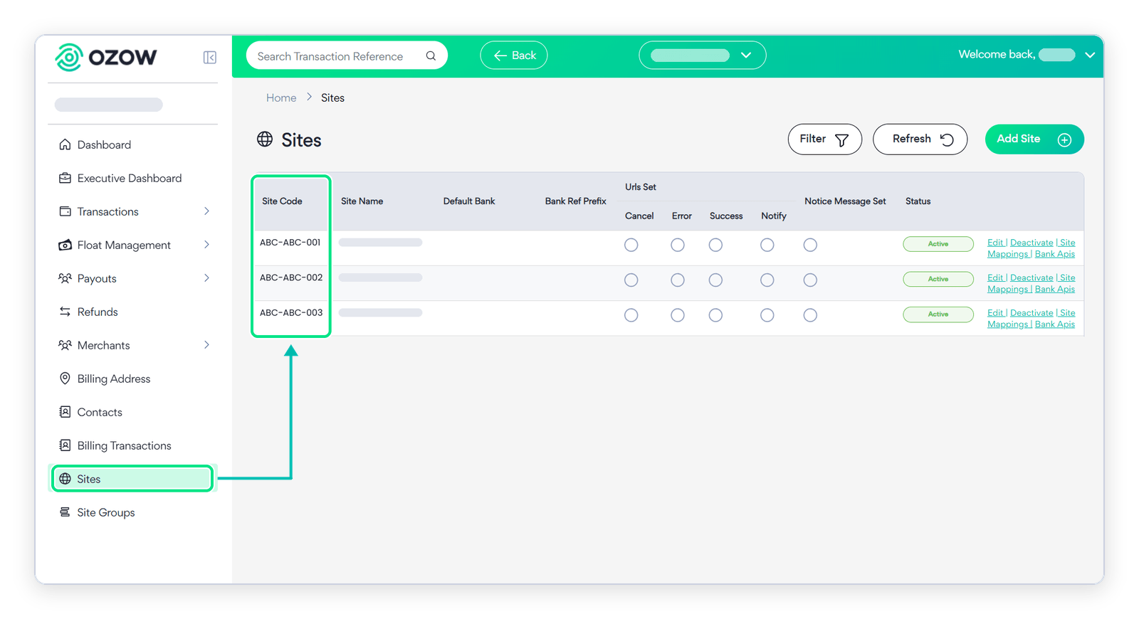 Where to find your site code in the Ozow Portal