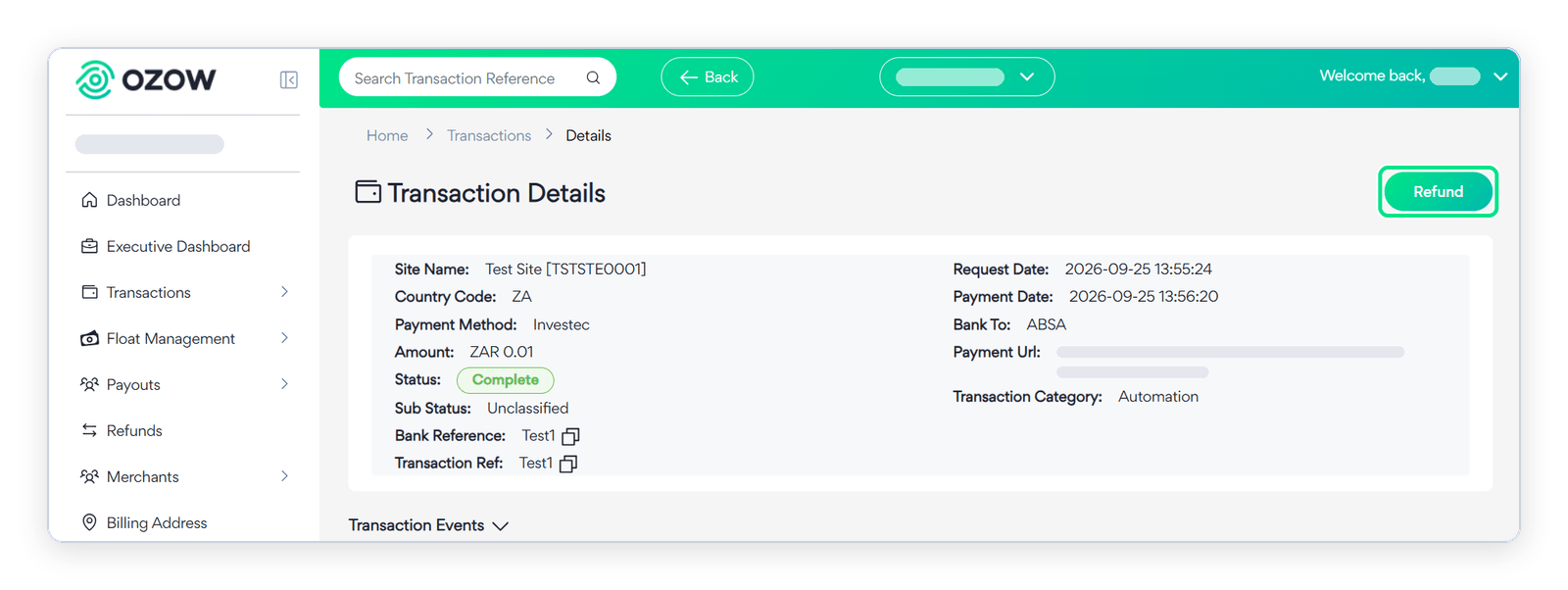 The Refund button on the transaction details screen
